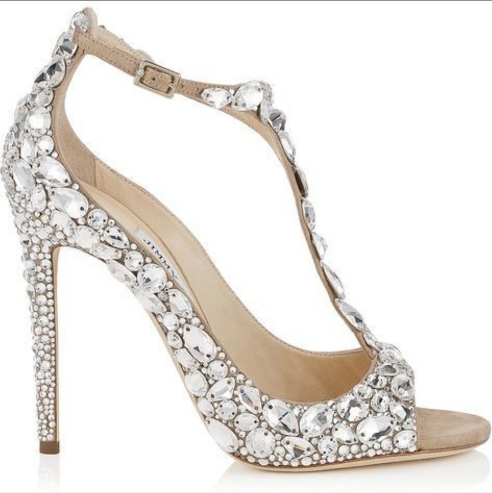 NIB Jimmy Choo Tstrap Rox Nude Crystal Shoes Size 37
